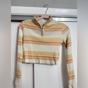 Yellow, orange and white striped cropped long sleeve with half zip